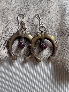 Native American Sterling silver cast Naja earrings with purple spiny